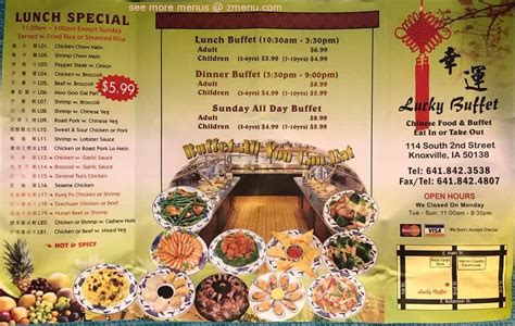 Lucky buffet - Fri. 10:30AM-10PM. Saturday. Sat. 10:30AM-10PM. Claim your business. Updated on: Dec 13, 2023. All info on Lucky Buffet in Everett - Call to book a table. View the menu, check prices, find on the map, see photos and ratings.